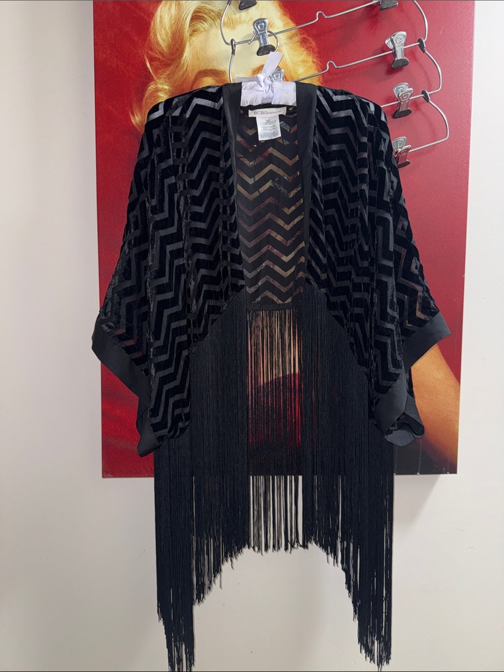 BCBGeneration Black Velvet Chevron Fringe Kimono Cape